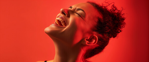 Fototapeta na wymiar Studio portrait of woman yelling, intense red background and lighting