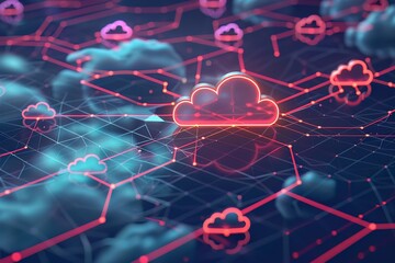 A graphic interface showing a cloud computing network, with nodes and connections representing data flow