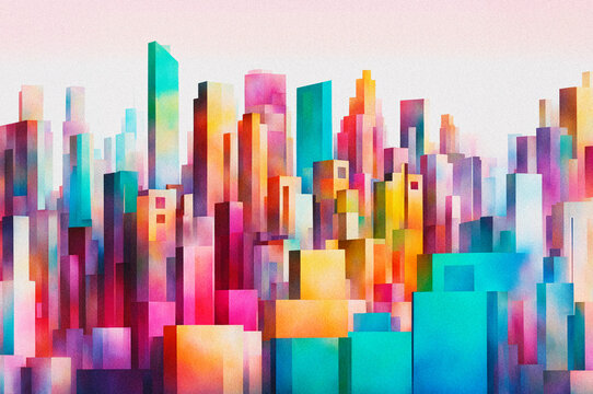 A fusion of geometric shapes filled with colored grunge gradients. The abstract representation of buildings, painted in a spectrum of hues, creates a vibrant urban panorama.