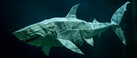 In the depths of a realistic ocean, an origami great white shark glides silently, its paper teeth bared in a silent threat to the unseen fish