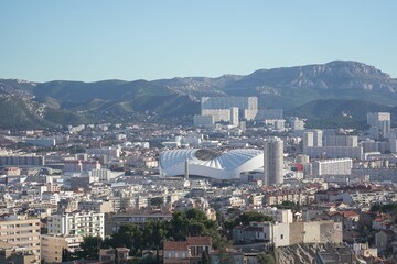 Naklejka premium Sky over cityscape of Marseille, France captured from the cathedral of Notre dame de lagarde