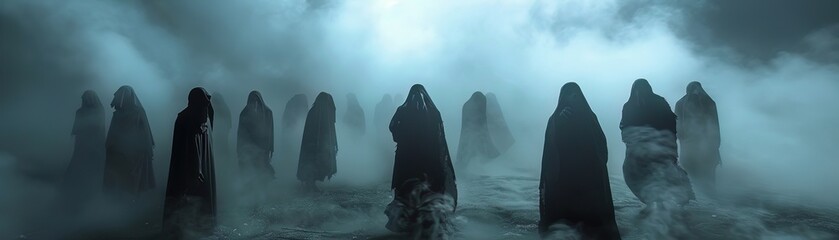 The grim reapers convene, their dark silhouettes an omen amidst the spectral fog - obrazy, fototapety, plakaty