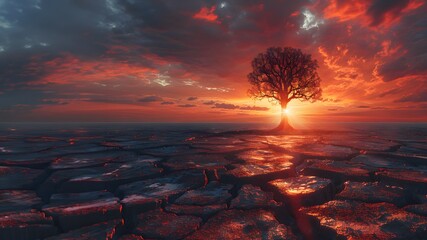 The land is parched and cracked under the setting sun. Dead tree stand in front of red sky. It is a symbol of drought, hopelessness, change or as an illustration of an article about the environment. - obrazy, fototapety, plakaty