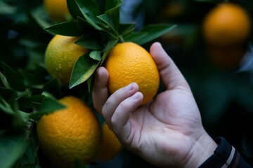 Close up of a hand picking a vibrant orange from a lush citrus tree