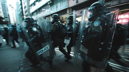  Concept art of phalanx of police in riot gear advances methodically through a city street, poised and ready, amidst a dance of shadows and light that lends a cinematic intensity to the scene. - obrazy, fototapety, plakaty