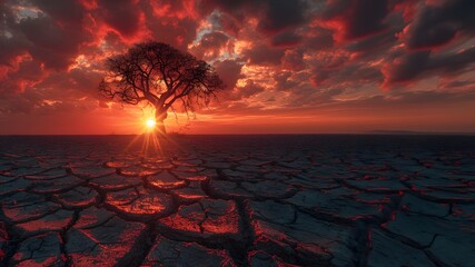 The land is parched and cracked under the setting sun. Dead tree stand in front of red sky. It is a symbol of drought, hopelessness, change or as an illustration of an article about the environment. - obrazy, fototapety, plakaty