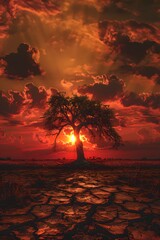 The land is parched and cracked under the setting sun. Dead tree stand in front of red sky. It is a symbol of drought, hopelessness, change or as an illustration of an article about the environment.