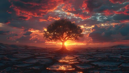 The land is parched and cracked under the setting sun. Dead tree stand in front of red sky. It is a symbol of drought, hopelessness, change or as an illustration of an article about the environment.