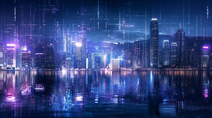 Cyber-inspired city skyline with digital data code cascading over neon-lit skyscrapers and reflections in water.