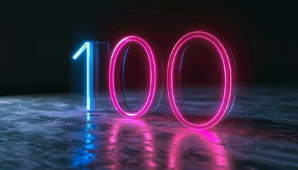 Glowing neon light number '100' on dark reflective surface. Achievement and centenary concept. - obrazy, fototapety, plakaty
