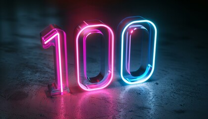 Glowing neon light number '100' on dark reflective surface. Achievement and centenary concept. - obrazy, fototapety, plakaty