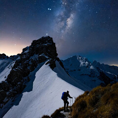 쏟아지는 별들 아래 거대한 설산속에서 야간 등산중인 산악인