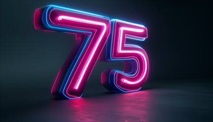Glowing neon light number '75' on a dark stage with a spotlight. Celebration and jubilee - obrazy, fototapety, plakaty