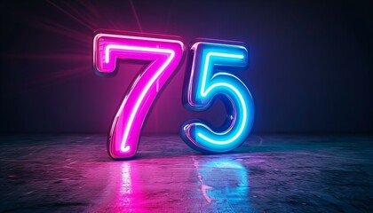 Glowing neon light number '75' on a dark stage with a spotlight. Celebration and jubilee