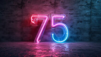 Glowing neon light number '75' on a dark stage with a spotlight. Celebration and jubilee