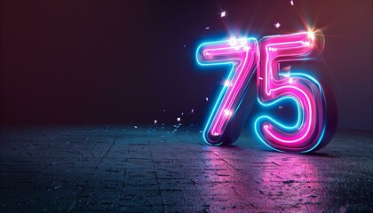 Glowing neon light number '75' on a dark stage with a spotlight. Celebration and jubilee