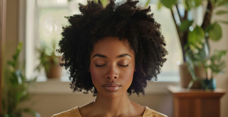 African American woman with her eyes closed is looking down. Her expression is introspective and contemplative