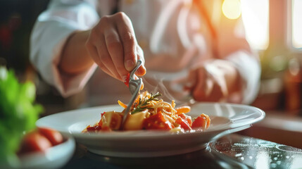 A skilled chef adds the finishing touch of herbs to a pasta dish in a warm, sunlit professional kitchen, showcasing culinary artistry - Powered by Adobe