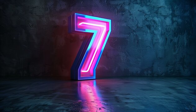 Neon light number seven with a pink and blue glow on a wet surface. Lucky number and gambling.