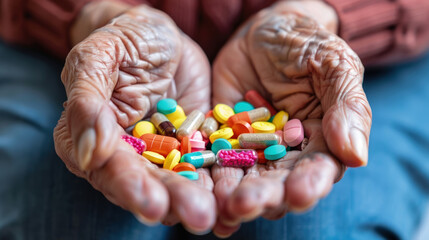 An elderly individuals wrinkled hands presenting a collection of colorful pills and capsules, indicating medical treatment