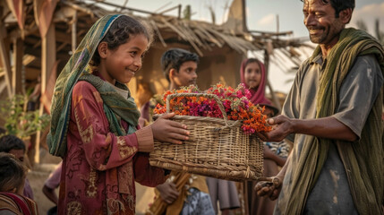 A smiling young girl hands a basket of vibrant flowers to a man, while others watch in a rural setting, illuminated by the warm glow of the setting sun - obrazy, fototapety, plakaty