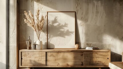 Frame and poster mock-up in a living room with a wooden console, and dried flowers in a vase, Modern home decor. Artwork template in interior design