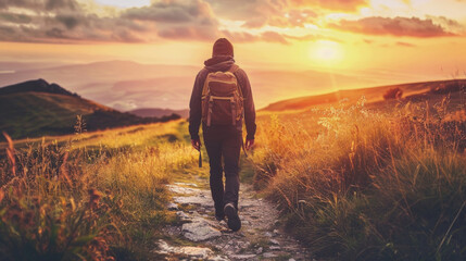 Active man is walking down a trail, heading towards the sun in the distance