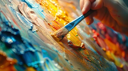 Obraz premium Closeup of a painter hand holding a vibrant dripping paintbrush