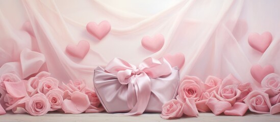 A magenta gift box with a bow is encircled by pink roses and pink hearts as part of a romantic event. Fashion accessory for Valentines Day, surrounded by a flowering plant