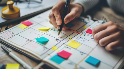 Close-up of hands writing and organizing a monthly plan using sticky notes and a marker on a whiteboard calendar