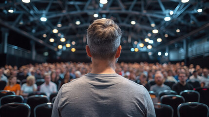 Confident mature man stands confidently in front of a large crowd of people, addressing them with determination and purpose