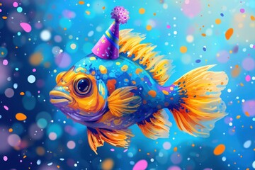Pisces zodiac symbol, a fish, celebrates with confetti and a party hat