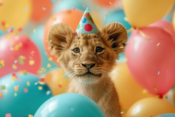 Lively lion cub symbolizing Leo zodiac enjoys playful balloon-filled birthday