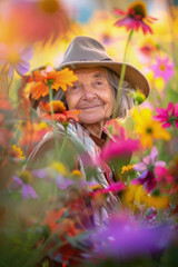 A joyful elderly woman in a hat is surrounded by colorful wildflowers, enjoying a sunny day outdoors