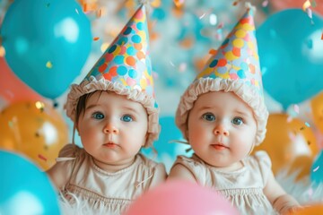 Gemini twins mark their birthday with exuberance, balloons and party caps in tow