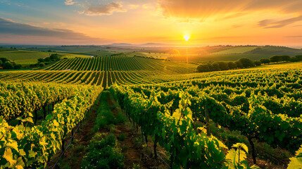 Vineyard agricultural fields in the countryside during sunrise - obrazy, fototapety, plakaty