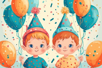 Gemini children revel in their birthday, sporting festive hats and clutching buoyant balloons
