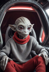 A gray alien dressed in a gray knit sweater inside a spaceship