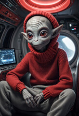 A gray alien dressed in a red knit sweater inside a spaceship