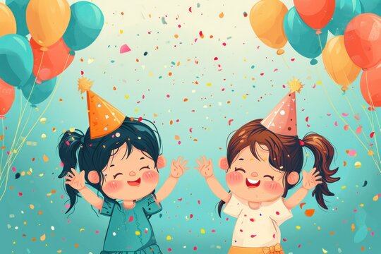 Joyful birthday celebration with Gemini twins, kids adorned in party hats, clutching vibrant balloons