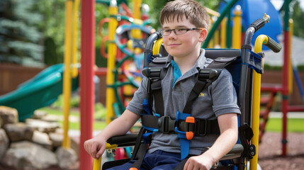 A young boy using a wheelchair enjoys playing at a playground, surrounded by colorful equipment and other children