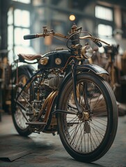 Closeup of an ancient motorcycle, with beautifully arranged surroundings, showcasing style and history ,ultra HD,clean sharp