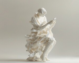 Sculpture holding a smartphone in a dynamic pose, merging traditional art with digital modernity ,3DCG,high resulution