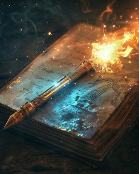Magical flashlight casting a beam on a sketchbook, revealing imaginative designs ,3DCG,high resulution