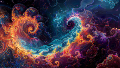 Fototapeta na wymiar Psychedelic Vortex of Fractal Patterns and Vivid Hues in Abstract Art.