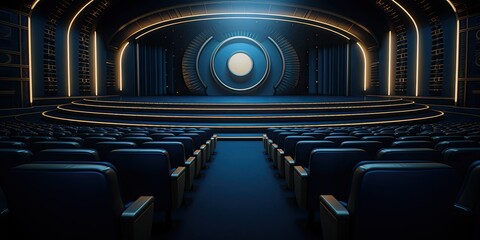 The cinema interior is adorned with rows of seats facing a pristine white screen, inviting patrons to immerse themselves in the magic of the movies. - obrazy, fototapety, plakaty