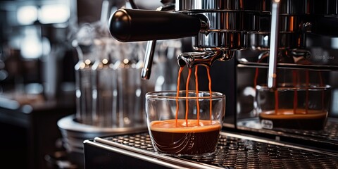 Rich espresso cascades from the coffee machine, a mesmerizing sight of aromatic delight.