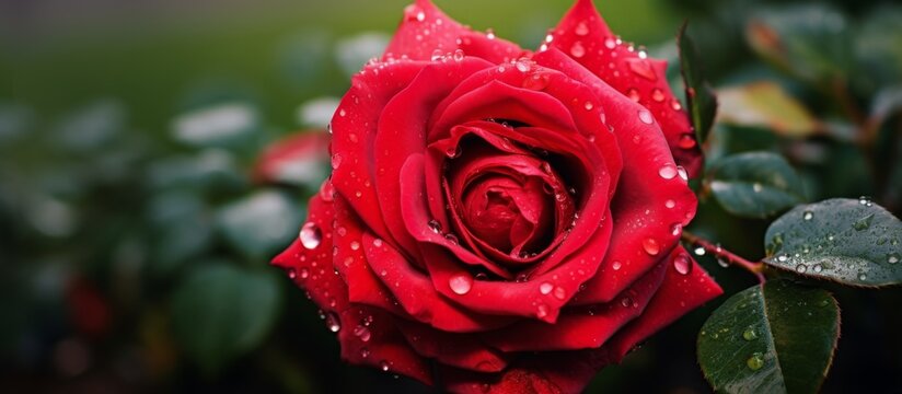 A closeup image of a Hybrid Tea Rose, a herbaceous plant with red petals covered in water drops, surrounded by green grass. Beautiful and vibrant in color