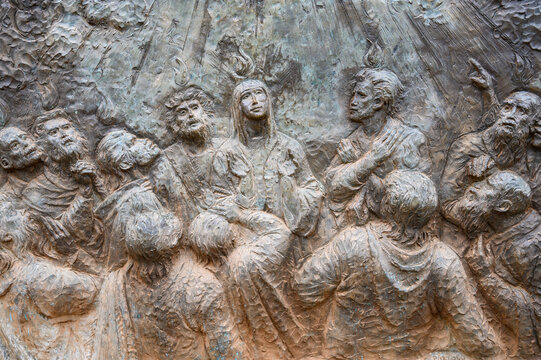 The Descent of the Holy Spirit – Third Glorious Mystery of the Rosary. A relief sculpture on Mount Podbrdo (the Hill of Apparitions) in Medjugorje.
