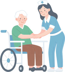 caring healthcare worker assists a content elderly individual seated in a wheelchair. 